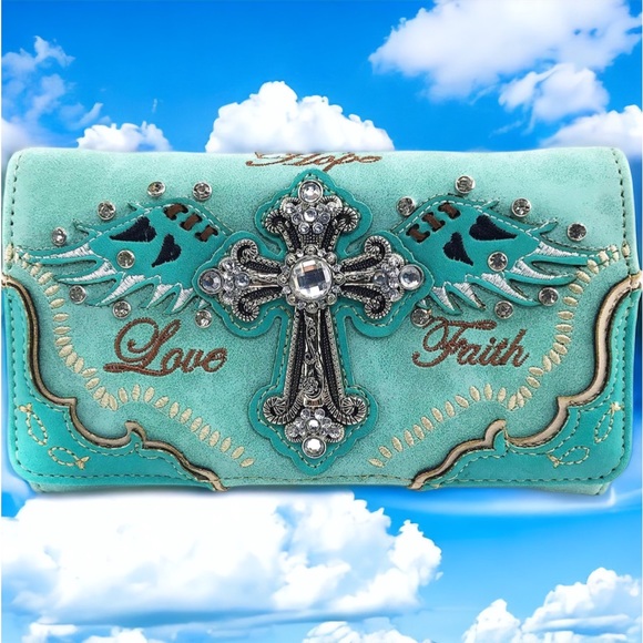 NWT -Faith Love Hope Cross Angel Wing Bible Women’s Crossbody Trifold Wallet- - Picture 2 of 4
